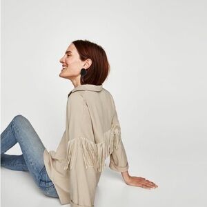 Beige Fringe Button Down Western Boho Cowgirl Shirt Top Long Sleeve